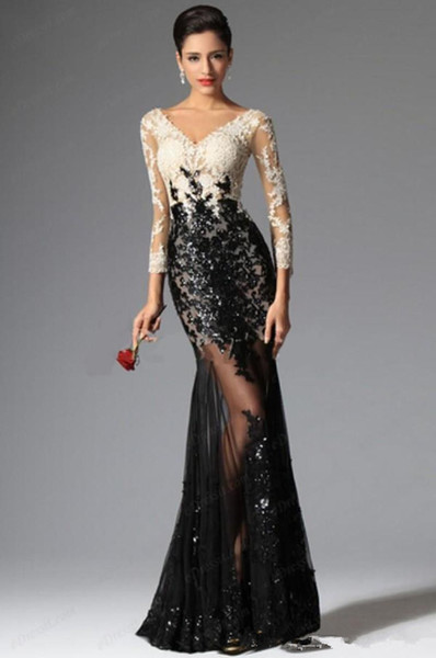 White and Black Lace Evening Dresses Hot Selling V-Neck Luxury Sequined Beads 3/4 Long Sleeve Tulle Formal Prom Party Gowns E011