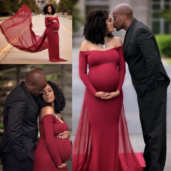 Burgundy Maternity Chiffon Evening Dresses Hot Selling New Court Train Off-the-shoulder Mermaid Empire Pregnant Formal Party Gowns E025