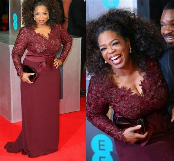 Burgundy Plus Size Lace Evening Dresses Hot Sales Custom New V-Neck Sweep Train Sheath Long Sleeve Chiffon Women Prom Party Gowns E021