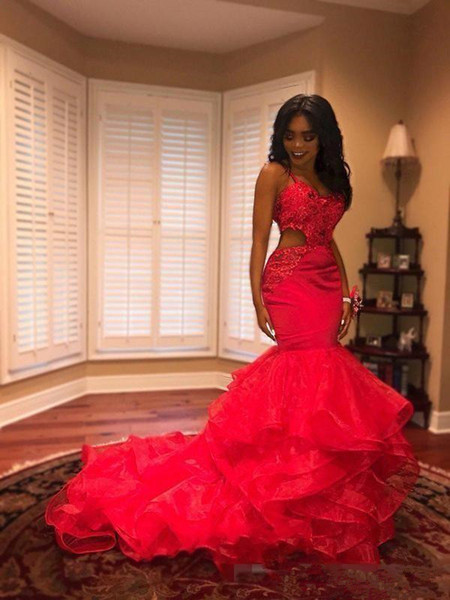 Hot Red African Mermaid Evening Dresses New Custom Cutaway Sides Ruffled Organza Spaghetti Strap Sexy Lace Formal Prom Party Gowns E039