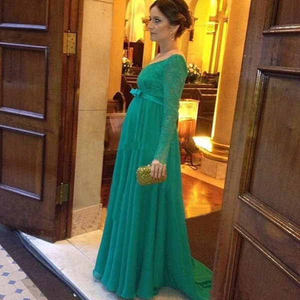 Empire Maternity Chiffon Evening Dresses New Hot Sales Custom Made V-Neck Pregnant Green Lace Long Sleeve Formal Prom Party Gowns E032