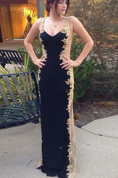 Black and Gold Sheath Evening Dresses New Design Hot Sales Spaghetti Strap Sexy See Through Backless Lace Formal Prom Party Gowns E031