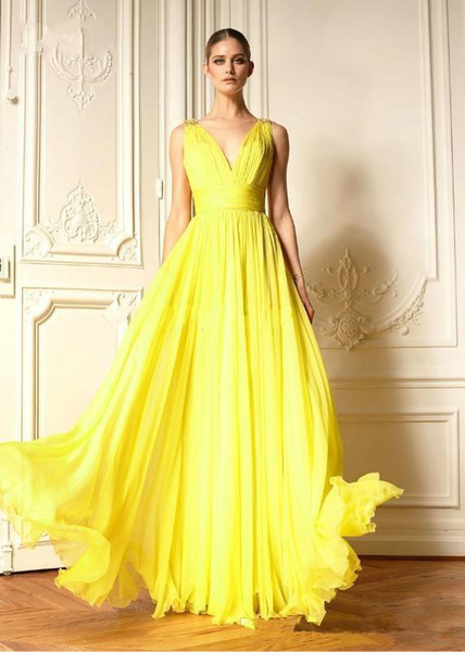 Yellow Chiffon Sexy Evening Dresses New Hot Selling Custom Made Sleeveless Pleats A-Line V-Neck Long Formal Prom Party Gowns E031