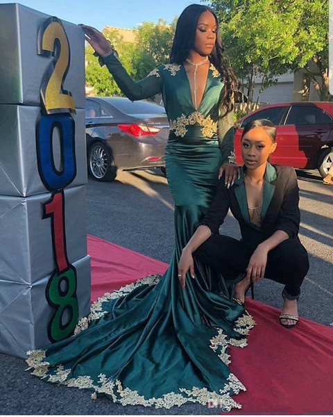 Green Mermaid Evening Dresses With Gold Applique New Design Hot Selling Taffeta African Sexy Deep V-Neck Formal Prom Party Gowns E029