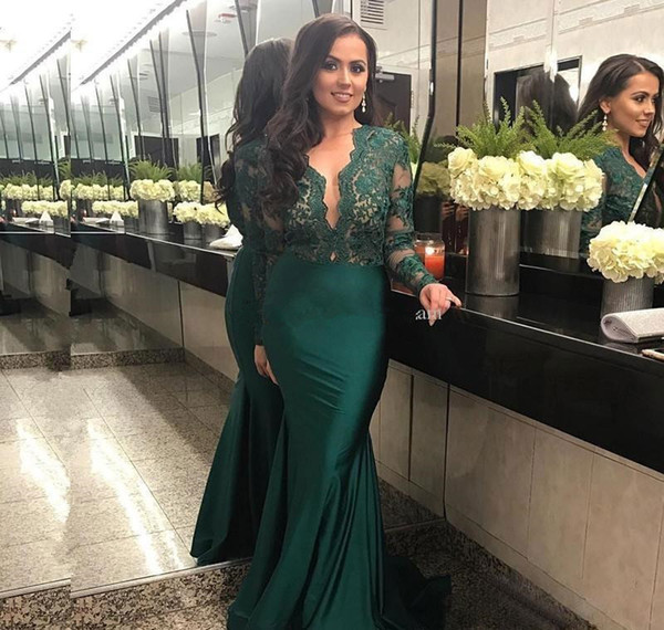 Green Mermaid Lace Evening Dresses New Design Custom Made Sweep Train Pleats Taffeta Long Sleeve Sheer Formal Prom Party Gowns E028