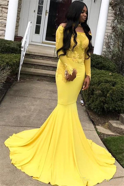 African Yellow Mermaid Evening Dresses New Hot Selling Custom Pleats Off-the-shoulder Long Sleeve Lace Formal Prom Party Gowns E032