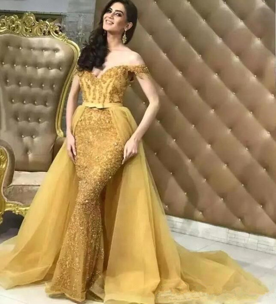 Gold Mermaid Evening Dresses Detachable Train 2 pieces Fashionable Custom Off-the-shoulder Bling Bling Sexy Lace Prom Party Gowns E050