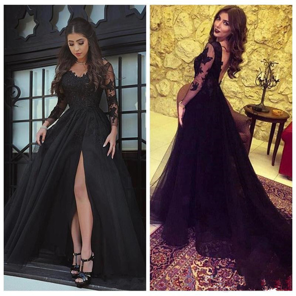 Long Sleeve Lace Black Evening Dresses Hot Sales Custom New A-Line V-Neck Sexy High Split Backless Tulle Sheer Prom Party Gowns E005