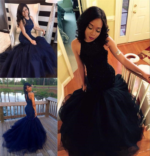 Navy Blue Mermaid Evening Dresses Hot Selling New Custom Jewel Neck Sweep Train Heavy Beads Tulle Lace Formal Prom Party Gowns E051