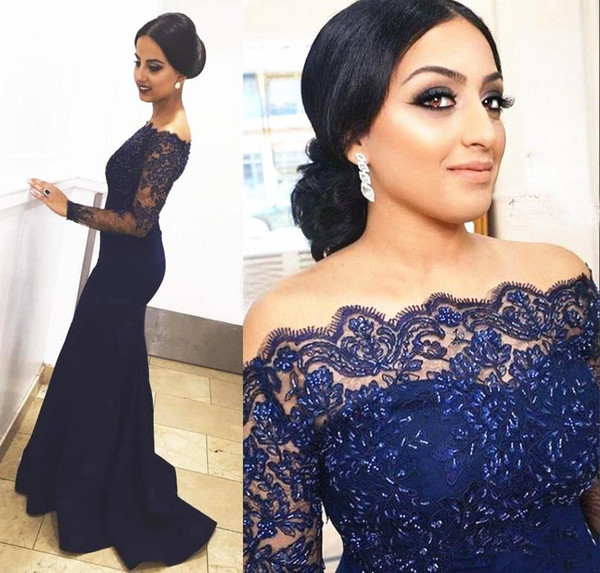 Royal Blue Mermaid Evening Dresses Hot Selling New Custom Sweep Train Beads Off-the-shoulder Long Sleeve Lace Formal Party Gowns E026