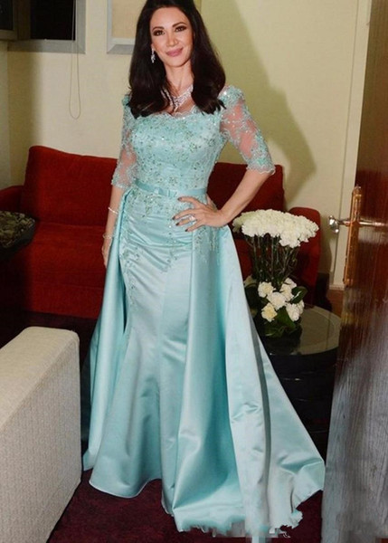 Mint Green Lace Evening Dresses Detachable Train Scoop Neckline Beads Half Sleeve Mermaid Formal Prom Party Gowns Hot Selling New E026