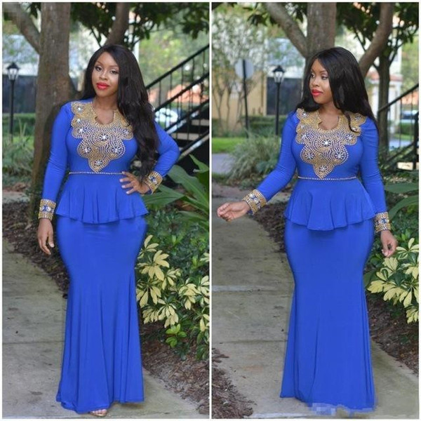 Long Sleeve Mermaid Evening Dresses Shine Beads Crystals Floor Length Chiffon Saudi Arabia Royal Blue Women Prom Party Gowns New E016
