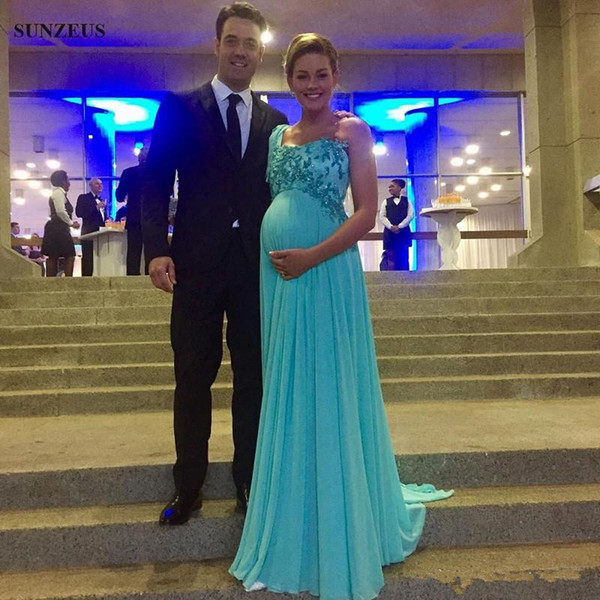 Light Blue Chiffon Maternity Evening Dresses Hot Selling New Custom Applique Beaded One Shoulder Empire Pregnant Formal Prom Gowns E016