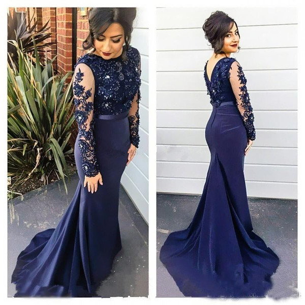 Long Sleeve Mermaid Evening Dresses Hot Selling New Custom Jewel Neck Beaded Pleats Sweep Train Navy Blue Lace Formal Prom Gowns E003