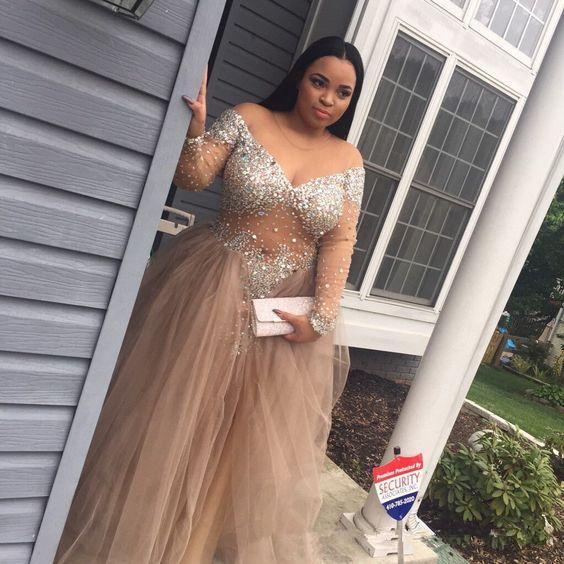 Plus Size Champagne Evening Dresses Hot Selling New Sheer Long Sleeve Luxury Crystals Rhinestone Sexy High Split Prom Party Gowns E004