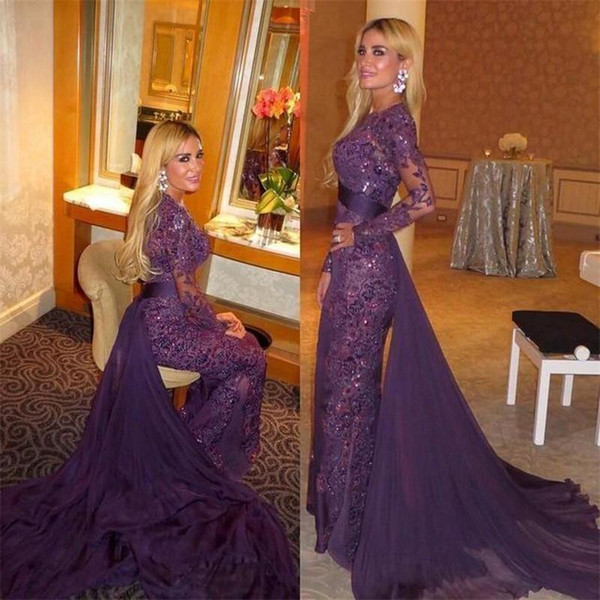 Purple Full Lace Sheath Evening Dresses with Detachable Train Beads Long Sleeve Sheer Formal Prom Party Gowns New Fashionable E027