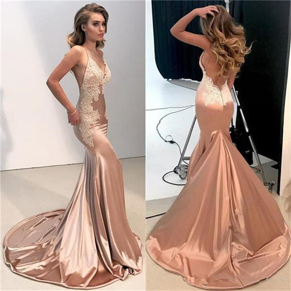 Sexy Backless Mermaid Evening Dresses New Sweep Train Pleats Spaghetti Strap Lace Prom Party Gowns Special Occasion Dresses Custom E31