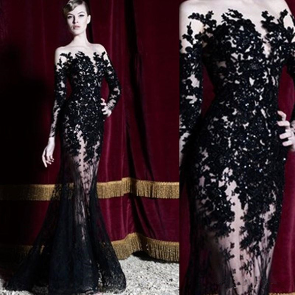Black Mermaid Sheer Evening Dresses New Hot Selling New Elegant Sweep Train Long Sleeve Lace Formal Prom Party Gowns Fashionable E029