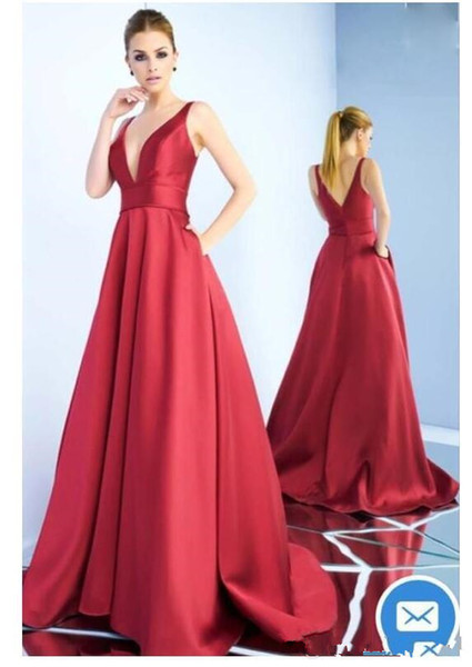 Sexy Deep V-Neck Burgundy Evening Dresses With Pocket Spaghetti Stap Sweep Train A-Line Taffeta Backless Formal Prom Party Gowns E021