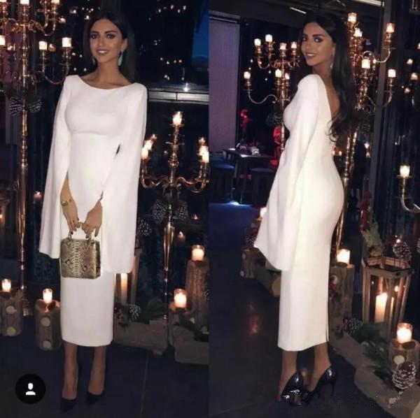 Elegant White Sheath Evening Dresses New Scoop Neckline Tea Length Long Sleeve Satin Formal Prom Party Gowns Hot Selling Custom E010