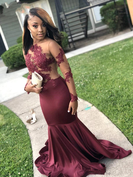 Dark Red Illusion Long Sleeve Mermaid Evening Dresses New Custom Applique Beaded Sexy Sheer Tulle Backless Formal Prom Party Gowns E036