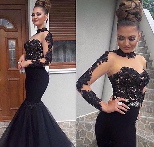 High Neck Black Mermaid Evening Dresses Applique Beaded Sexy Black Girls Pageant Gowns Long Sleeve Lace Formal Prom Party Gowns E050