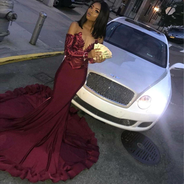 Sexy Burgundy Mermaid Evening Dresses Black Girls Pageant Gowns New Long Sleeve Off-the-shoulder Sheer Formal Prom Party Gowns E051