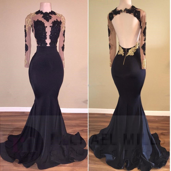 Long Sleeve Black and Gold Evening Dresses Hot Selling New Real Image Custom Applique Sheer Mermaid Backless Formal Prom Party Gowns E036