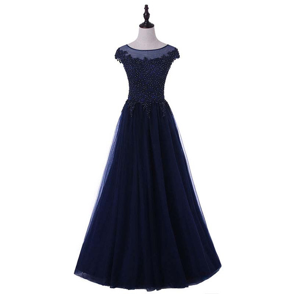 Vestido De Noche Navy Blue Evening Dress With Beaded Appliques Floor Length Chiffon A-Line Ladies Real Made Party Dress