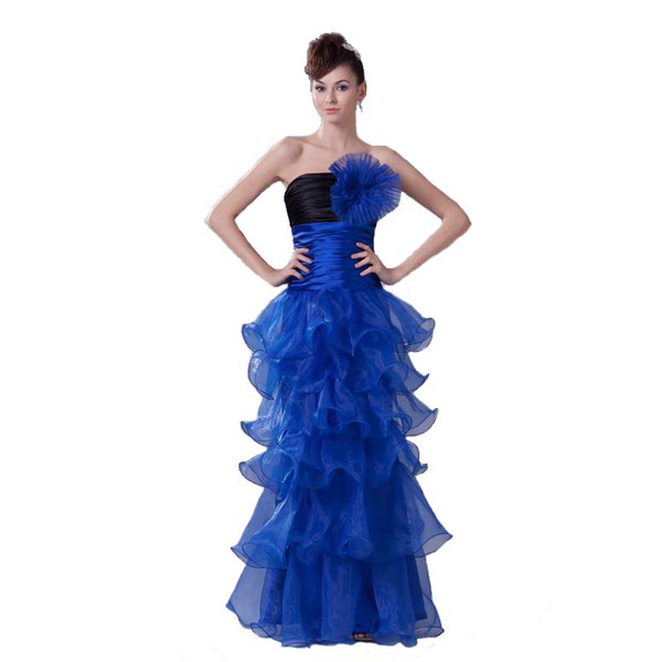 Modest Women Strapless Royal Blue Evening Dress Ruffled Organza Zip Back Floor Length Long Gown Professional Design