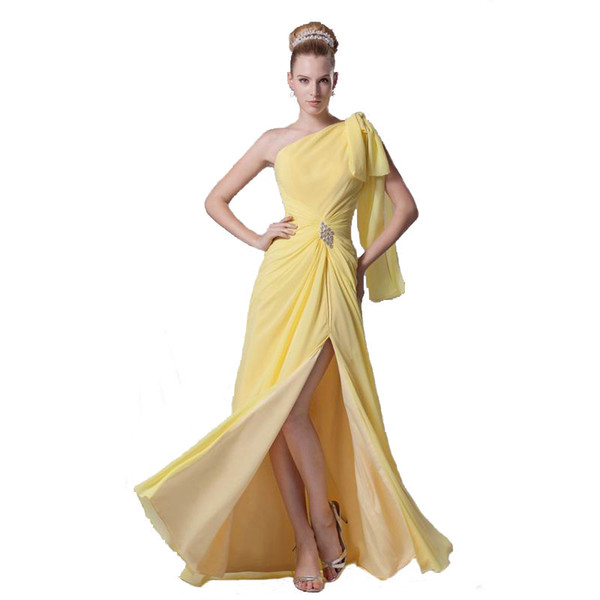 One Shoulder Long Dress Attractive Split Evening Dress Yellow Chiffon Competitive Price Fashion Party Dress 2017