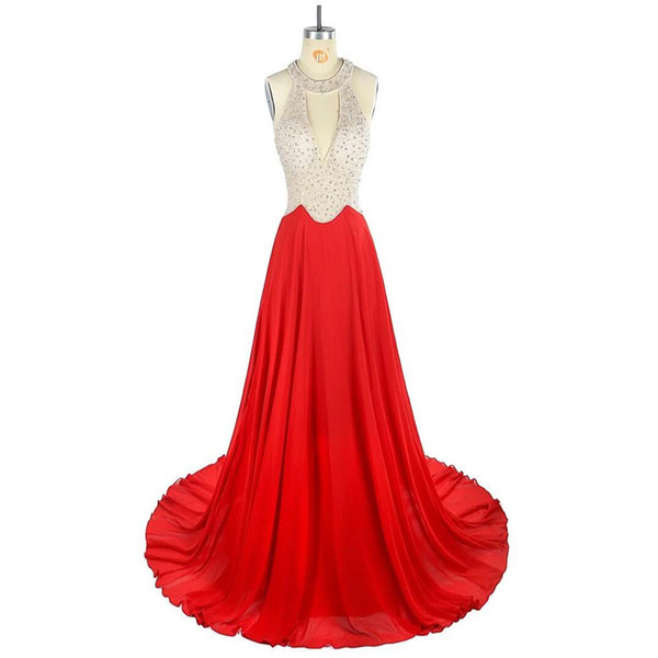 Latest Designer Evening Dress Red Chiffon With Beaded Bodice Halter Carpet Dress 100% High Quality Attactive Ladies