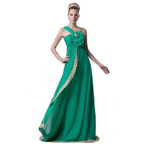 Green Chiffon Empire Evening Dress Thin Straps Lace Long Dress Good Quality Competitive Price Banquet Ladies Dress