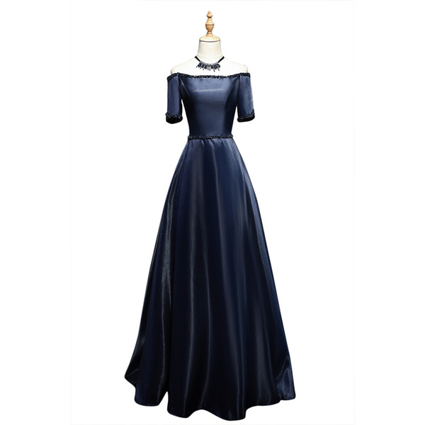 Wholesale Bateau Neck Navy Blue Evening Dress Short Sleeve Beaded Long Dress Corset Back 