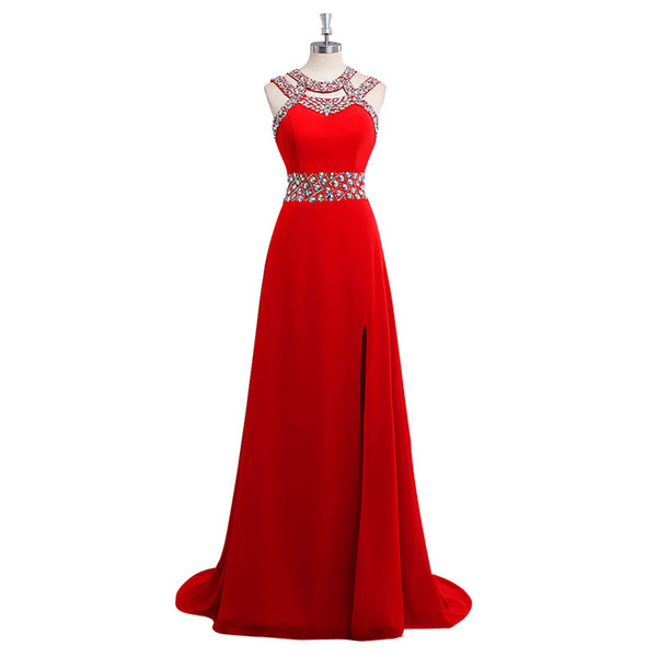 2017 Wholesale Eren Jossie Red Satin Rhinestones Evening Dress Sexy Open Back Ladies Fashion Banquet Dress