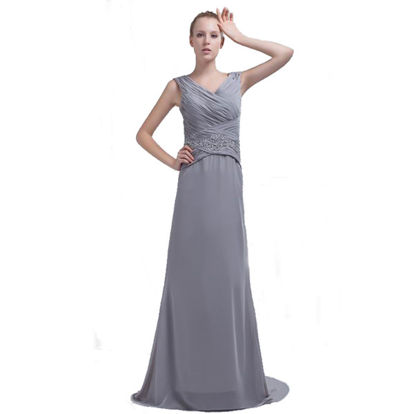 Eren Jossie Silver Evening Dress Zip Back Sweep Train Beaded Elegant V-Neck Design Long Banquet Dress