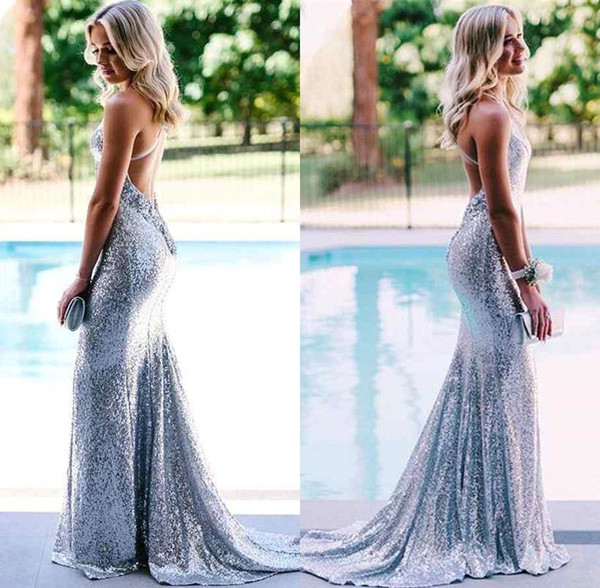 Sparkly Silver Sequined Mermaid Evening Dresses Open Back V Neck Floor Length Prom Party Gown BC1638