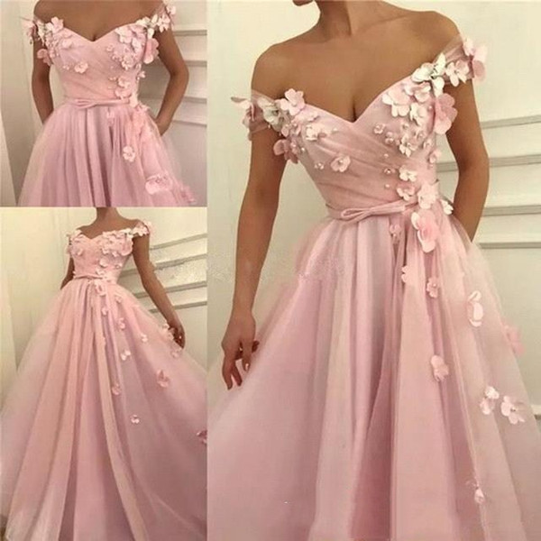 Off Shoulder Pink Evening Dresses with 3d Floral Appliques Front Split Prom Party Gown BC0908