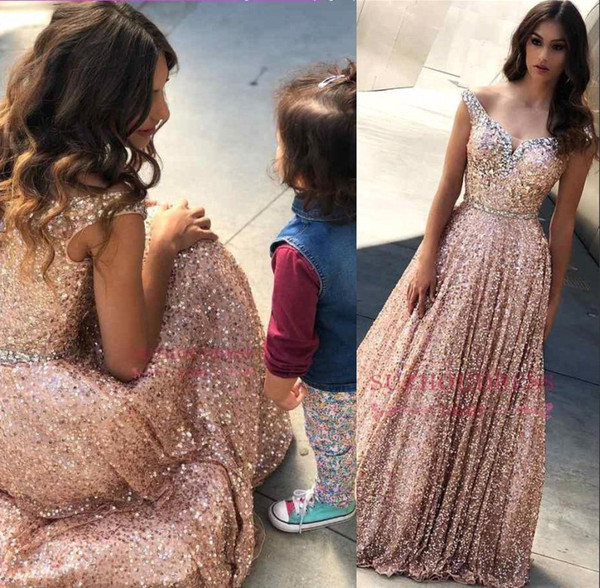 Stunning Rose Gold Sequined Evening Dresses Off Shoulder A Line Floor Length Prom Party Gown BC1588