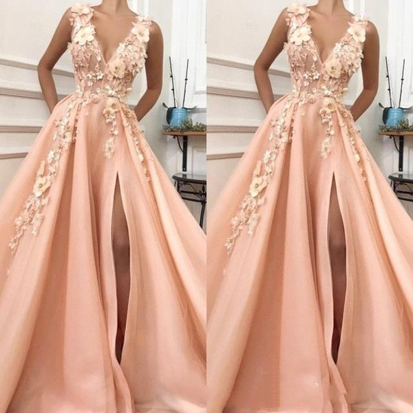 Coral Deep V Neck Evening Dresses 3D Appliques Front Split A Line Sweep Train Prom Party Gowns Special Occasion Dresses BC0892