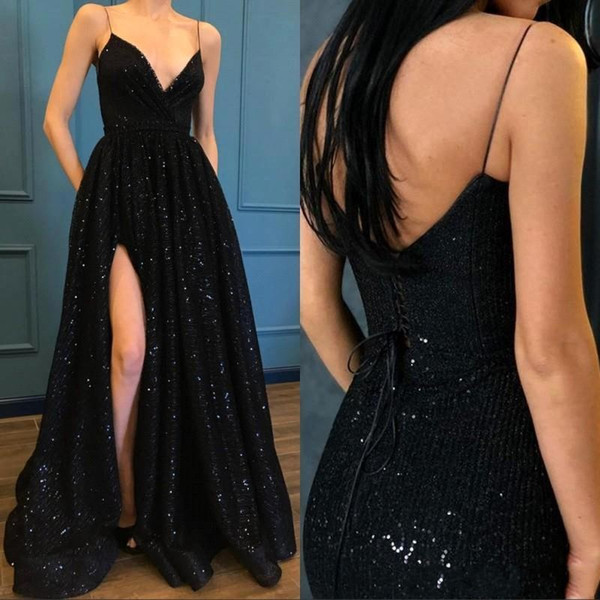 Elegant Front Split Black Evening Dresses Sparkly Sequined V Neck Prom Party Dress Girls Formal Wear BC1502