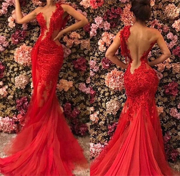 Sexy Sheer Back One Shoulder Evening Dresses Lace Appliques Illusion V Neck Prom Party Dress Girls Formal Wear BC1518
