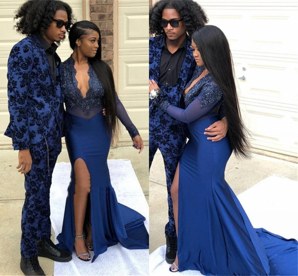 Navy Blue Deep V Neck Evening Dresses Front Split Long Sleeve Lace Appliques Black Girls Mermaid Prom Party Gown BC1407