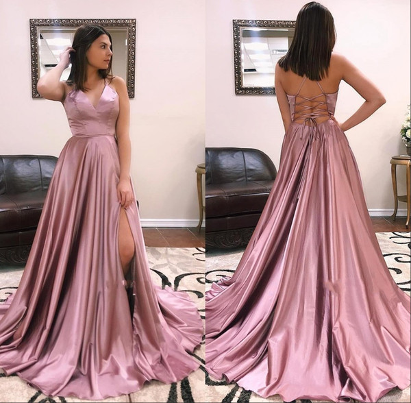 Dusty Pink A Line Evening Dresses CrissCross Backless Front Split Spaghetti Prom Party Gown BC1057