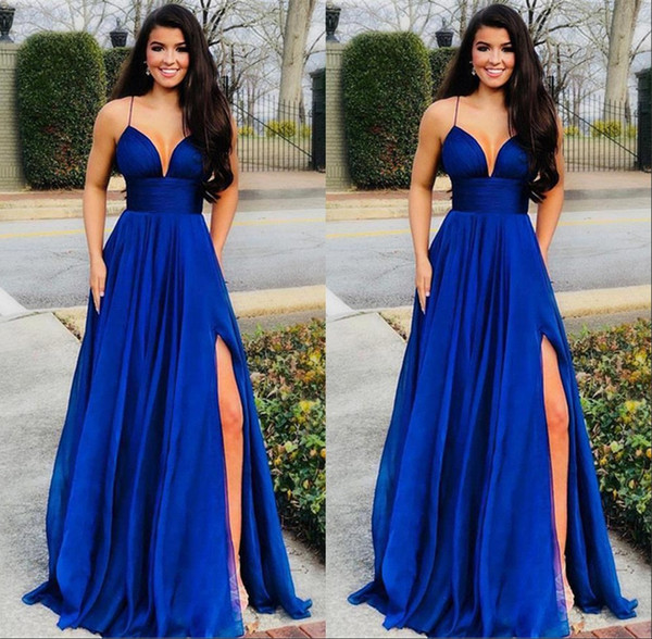 Sexy Split Royal Blue Evening Dresses Deep V Neck Spaghetti A Line Floor Length Prom Party Gown Girls Formal Wear BC1783