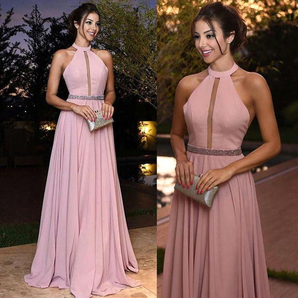 Pink Elegant A Line Evening Dresses Halter Sequined Sash Floor Length Prom Party Gown Girls Formal Wear BC1770