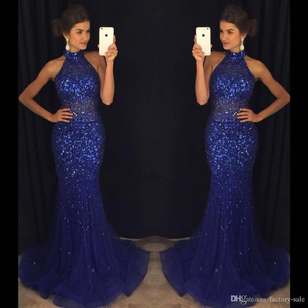 Stunning Royal Blue Sequins Mermaid Evening Dresses Beadings Floor Length Prom Party Gown Special Occasion Dress BC1736