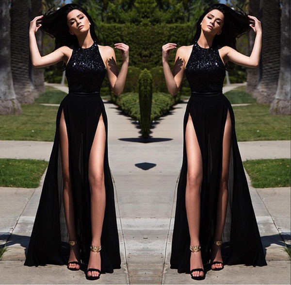 Sexy Sides Split Black Evening Dresses Halter Sequins A Line Sweep Train Prom Party Gown Special Occasion Dress