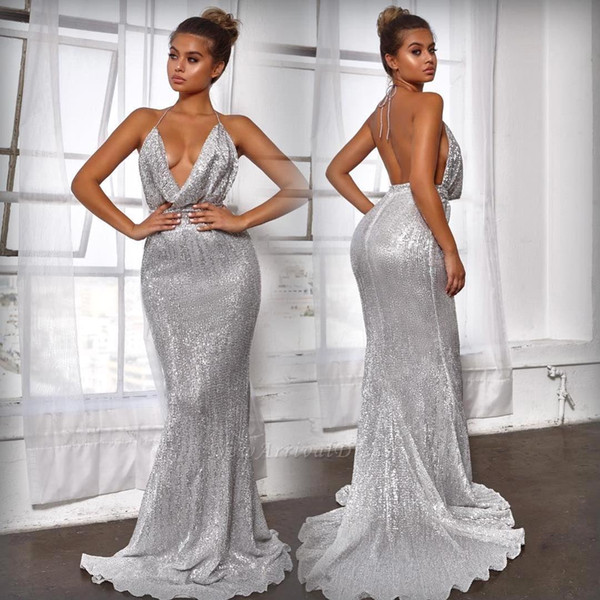 Sexy Open Back Mermaid Evening Dresses Silver Sequined Halter Floor Length Prom Party Gown Special Occasion Dress BC1632