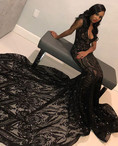 Sexy Illusion Black Mermaid Evening Dresses Lace Sequins Deep V Neck Sweep Train Prom Party Gown Black Girls Special Occasion Dress